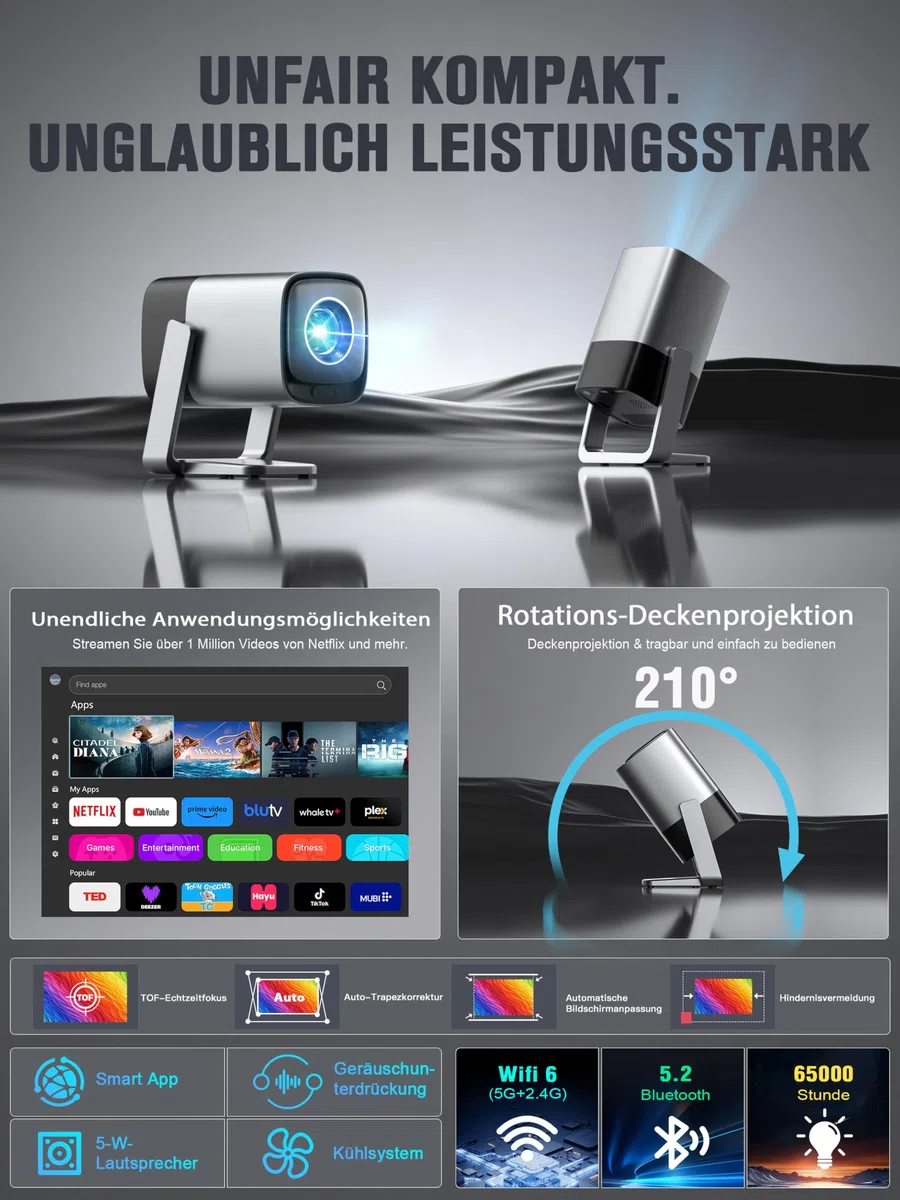 Smart Mini Beamer 4K Kompatibel mit Netflix & Dolby Audio, XuanPad 30000 Lumen Beamer mit TOF Autofokus & Trapezkorrektur, WiFi6 & Bluetooth, 210° Heimkino/Outdoor Silver Projektor für Handy/PC