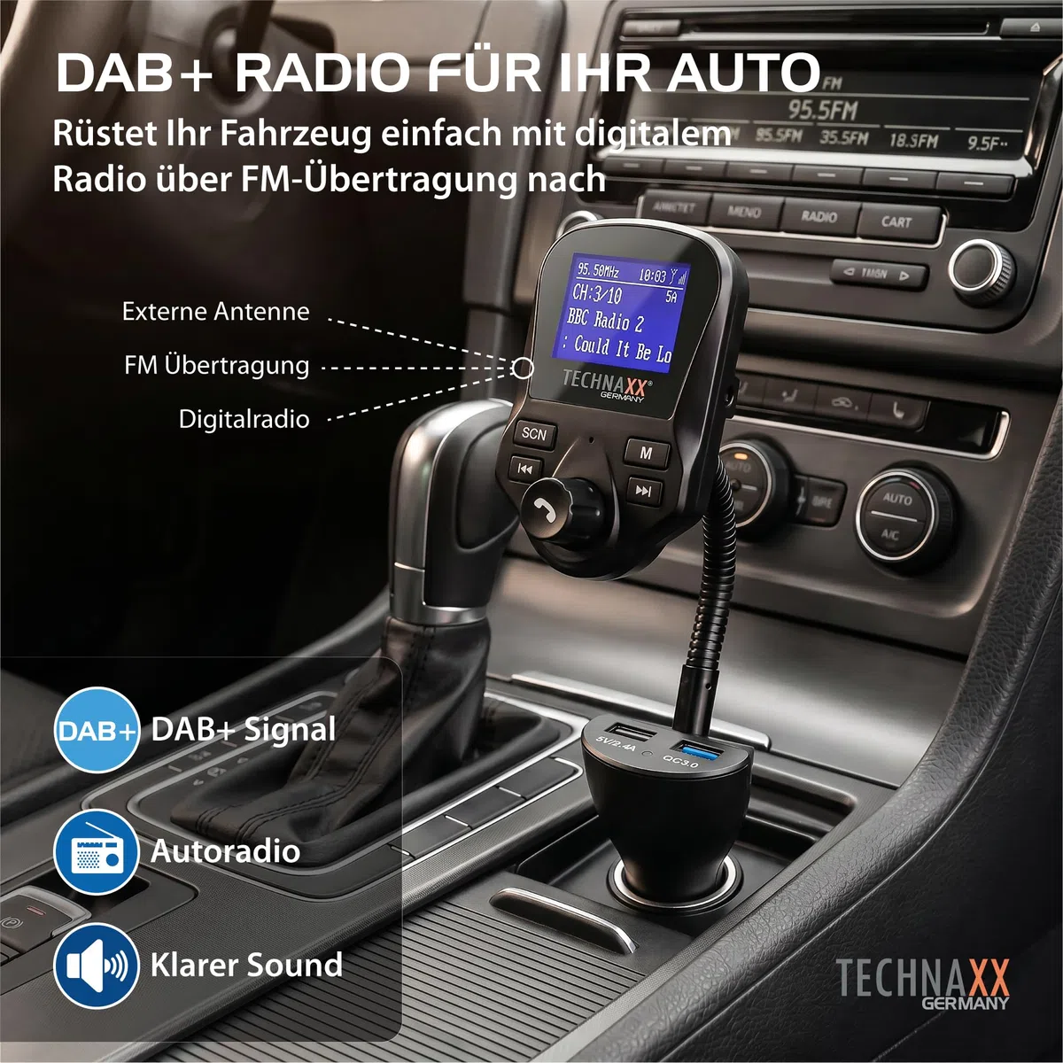 Technaxx FM DAB+ Transmitter FMT1500BT - Freisprecheinrichtung, Bluetooth V4.2, 2X USB, Mikrofon, Anrufe, MicroSD, DAB+ Radio via FM, AUX-IN, großes Display, Musik