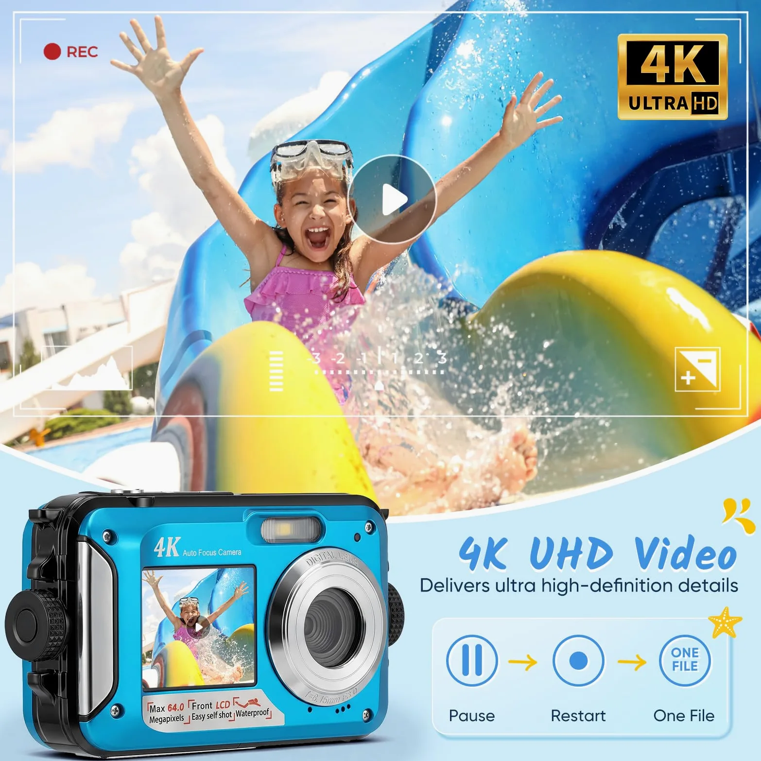 Unterwasserkamera 64MP mit Autofokus & 4K Video, IP68 Wasserdicht Kamera bis 16FT, Digitalkamera mit 32GB Karte, Duales Display, 16X Zoom für Schnorcheln, Blau