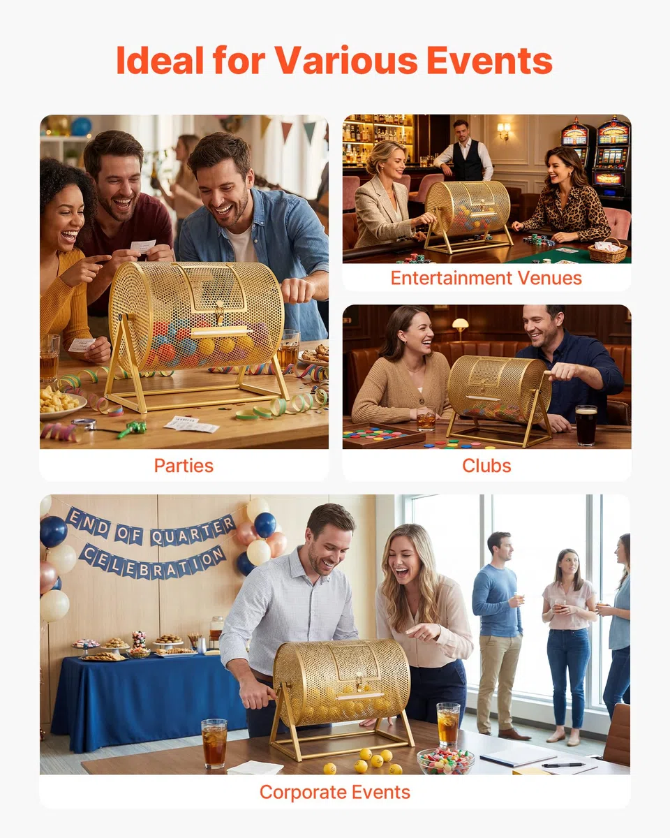 VEVOR Tombola Trommel, 410xØ302 mm, Lostrommel mit Fassungsvermögen von 5000 Lose oder 200 Lotteriebälle, Gewinnspieltrommel mit Kurbel & Dreiecksständer, für Veranstaltungen & Feiern, Gold