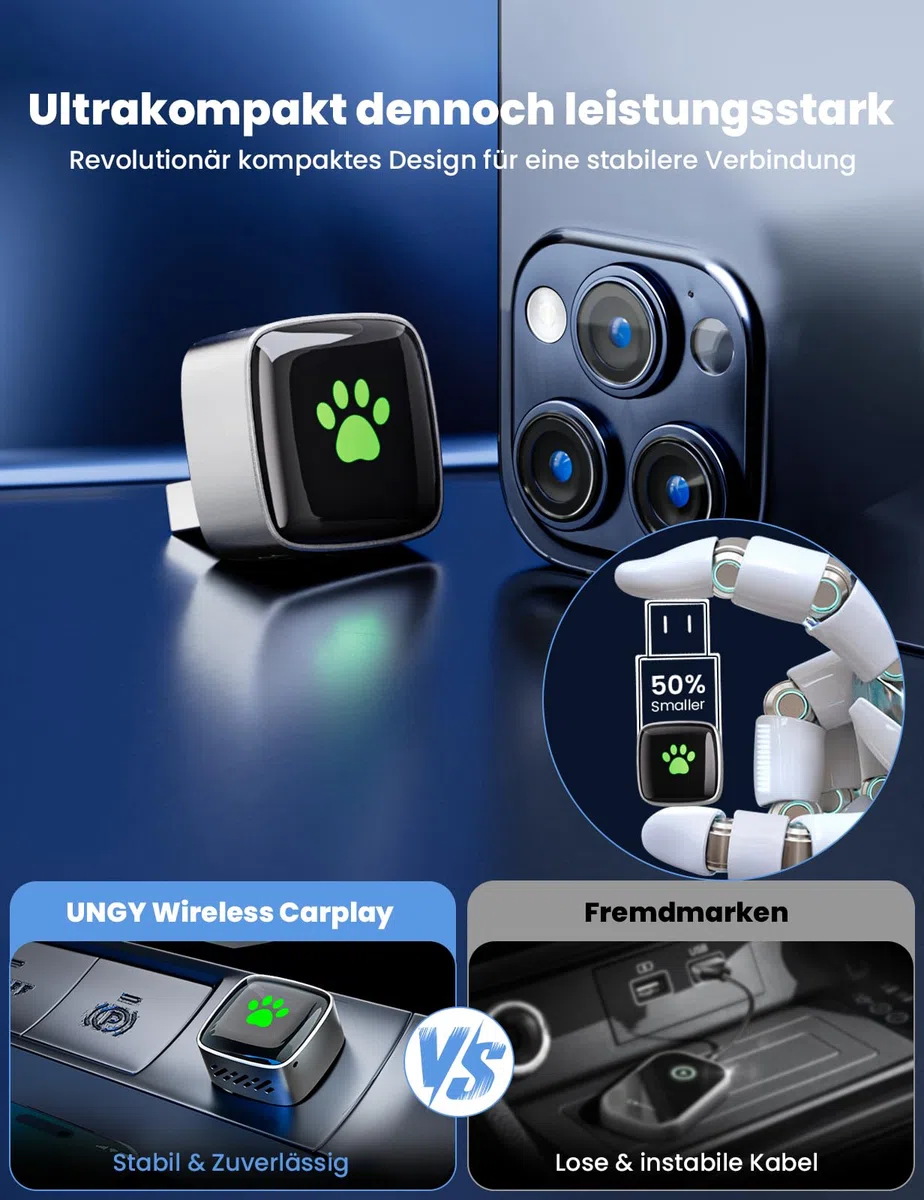 Wireless CarPlay Adapter für Apple 2026 Upgrade, Wired zu Wireless CarPlay, USB & Type-C Dual-Port, Plug & Play, Mini & Stabil, kompatibel mit iPhone iOS 10+/Android Auto, über 1K+ Automodelle ab 2016