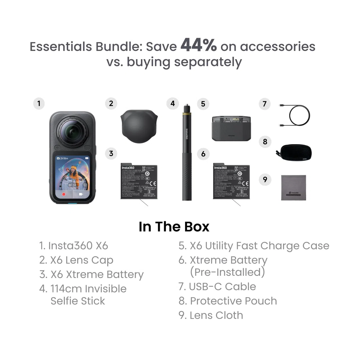 Insta360 X6 Essentials-Bundle– 8K 360 Grad Kamera mit 1/1,1"-Sensoren | Action-Kamera, zwei spezielle quadratische 1/1,1"-Sensoren, Dreifach-KI-Chip, Austauschbare Linse 2.0, 140 Minuten 8K Video