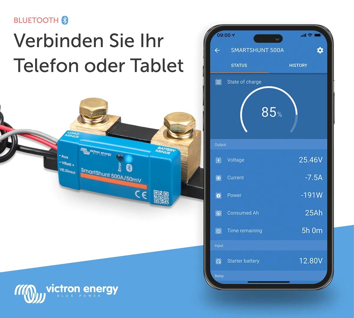 Victron Energy SmartShunt IP65 Batteriewächter (Bluetooth) - Victron Shunt - Batteriemonitor - 6.5V-70V - 500 Amp