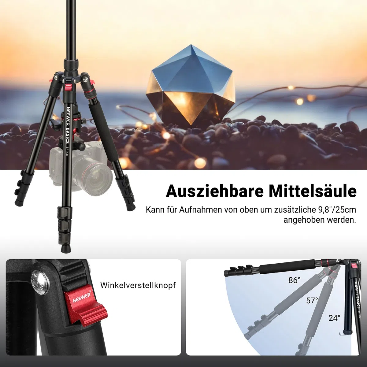 NEEWER Basics 72" / 182cm Reisestativ Einbeinstativ kompakter Leichter tragbarer Kamera Stativ Ständer für Aufnahmen, Arca Typ Kugelkopf, Handyhalterung kompatibel mit iPhone, max. Last 6kg, TP14B