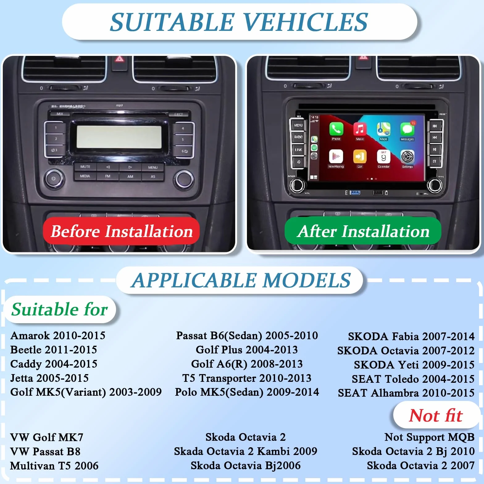 Autoradio Bluetooth Bildschirm für VW Golf 5 6 Polo T5 Passat Touran Sitz mit FM/AM, Apple Carplay, Android Auto, SWC, Mirror Link, 2 Din Dab Autoradio Touch Display