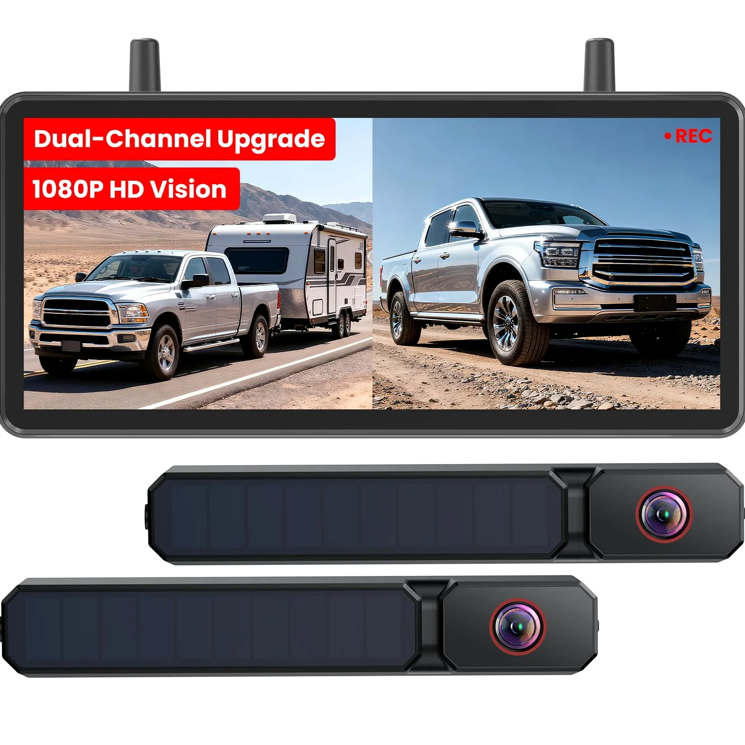 AUTO-VOX Dual Solar Rückfahrkamera Kabellos 7,2" HD Split-Screen Monitor DVR-Aufnahme IP69K für Wohnmobil LKW Anhänger