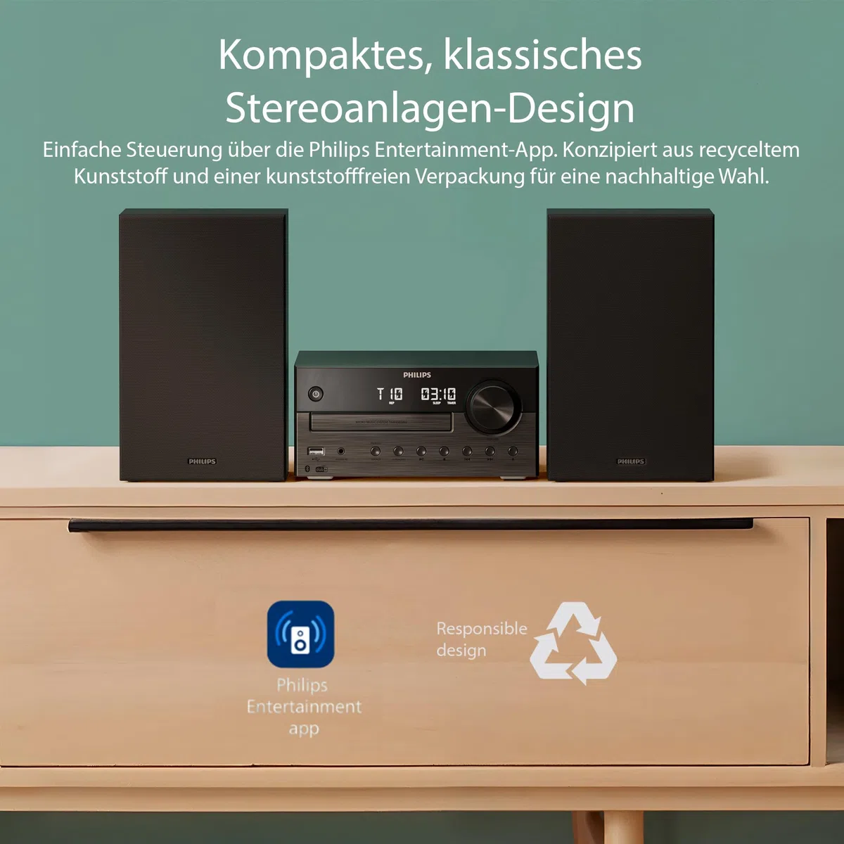 Philips TAM4555 Mikro-Hi-Fi-Anlage – 100 W, Bassreflex, DAB+/UKW, CD, USB, Audio-Eingang, Bluetooth 5.4, Auracast, Fernbedienung, digitale Soundvoreinstellungen, umweltfreundliche Verpackung