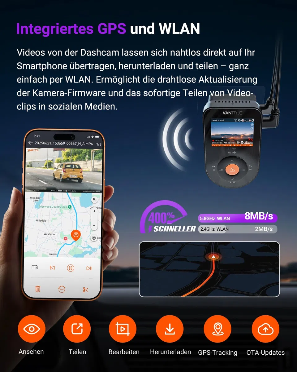 VANTRUE S1 Pro Dashcam 2,7K+1080P Dual 60fps Vorne und Hinten, 5GHz WLAN GPS Auto Kamera mit STARVIS 2 Nachtsicht, 24h Parküberwachung Nachtsicht, Superkondensator G-Sensor Loop-Aufnahme APP, 512GB