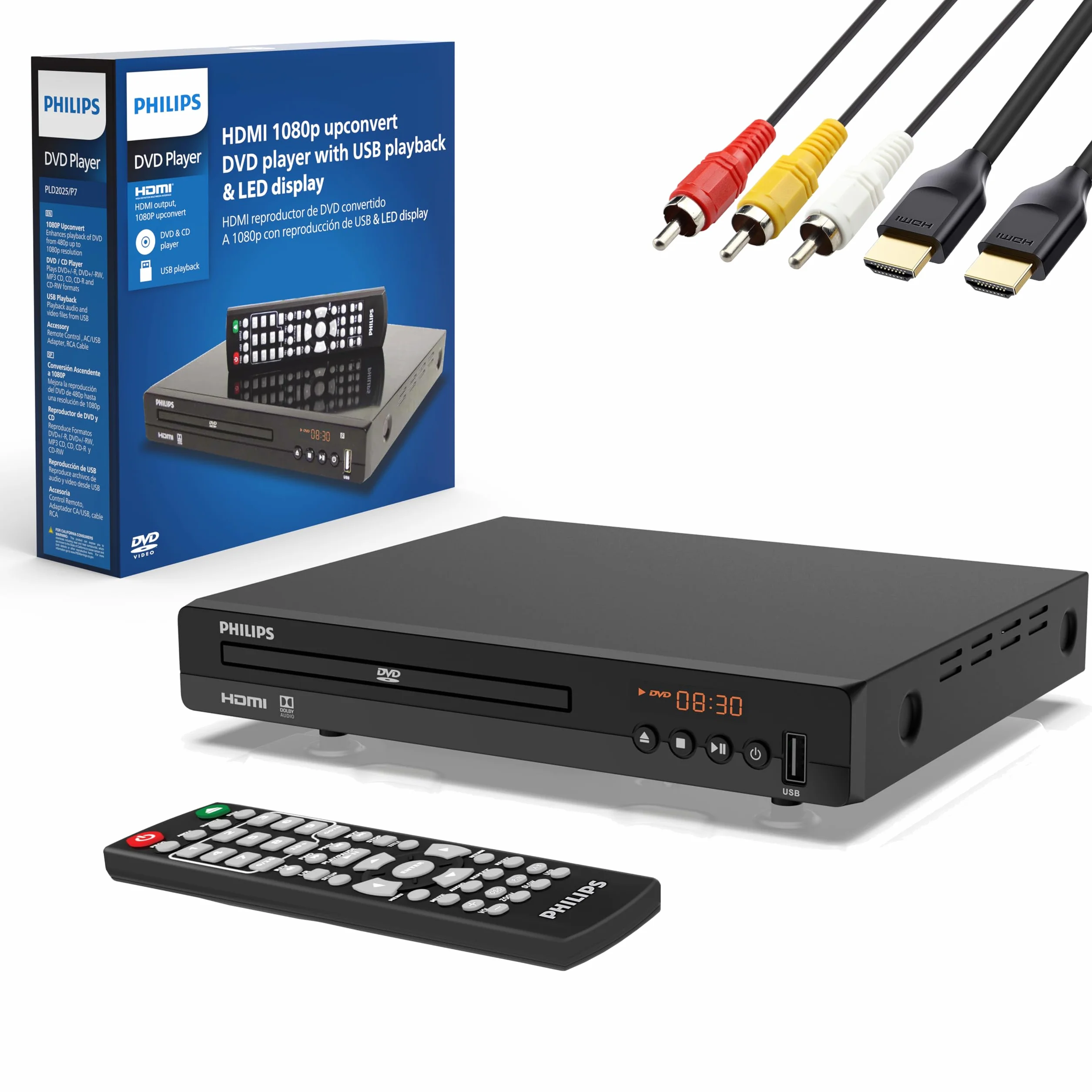 Philips DVD-Player für Fernseher mit HDMI-Anschluss 1080P All Region HD DVD Player für Smart TV USB-Eingang Fernbedienungsgerät Mini DVD CD Player für Heim-Stereoanlage HDMI- und Cinch-Kabel im