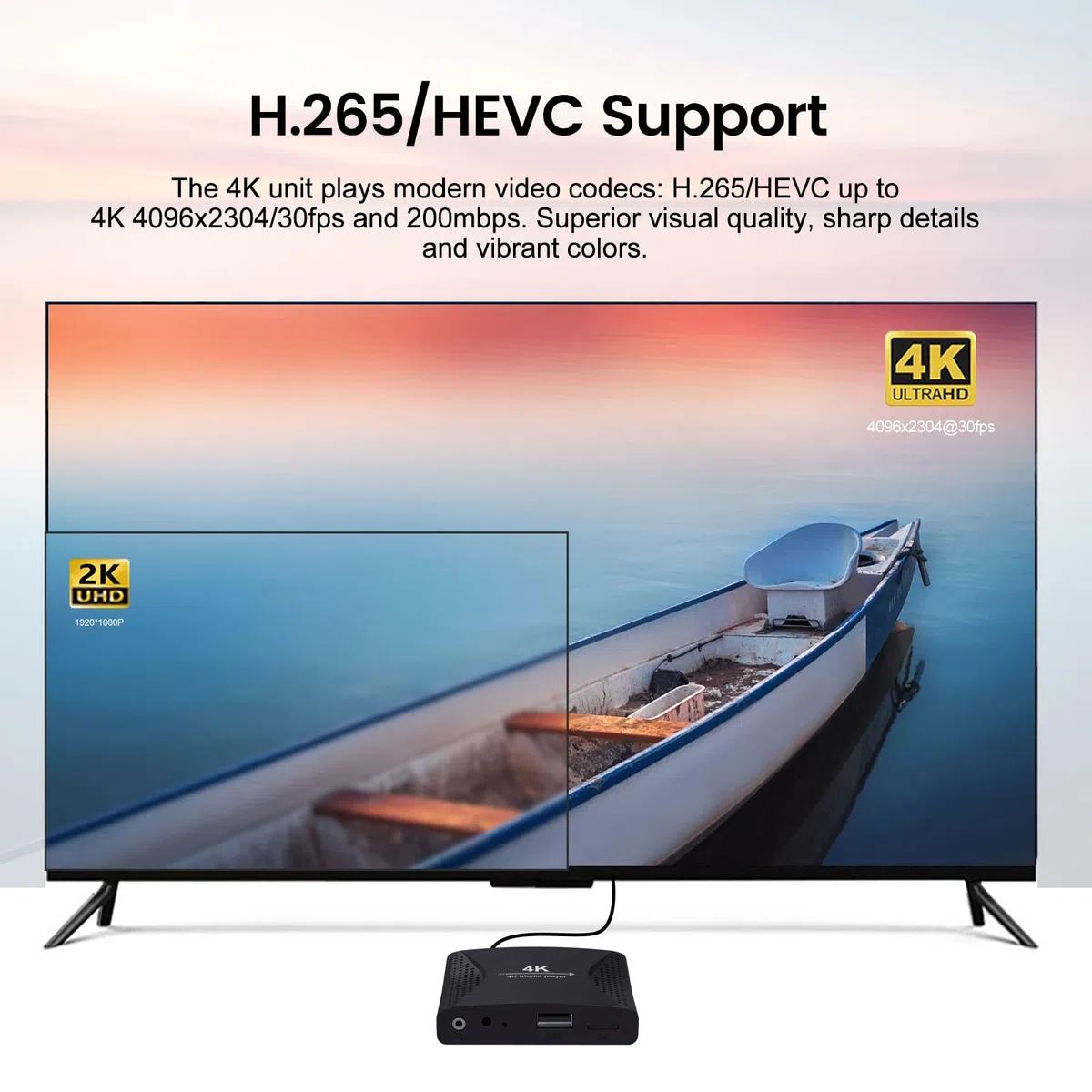 4K Ultra HD Media Player für USB-Stick & MicroSD-Karte, HDMI/AV Digital Signage Player mit Auto-Wiedergabe, Speicherfunktion & Endlosschleife, H.265 Media Box für Videos, Musik & Fotos