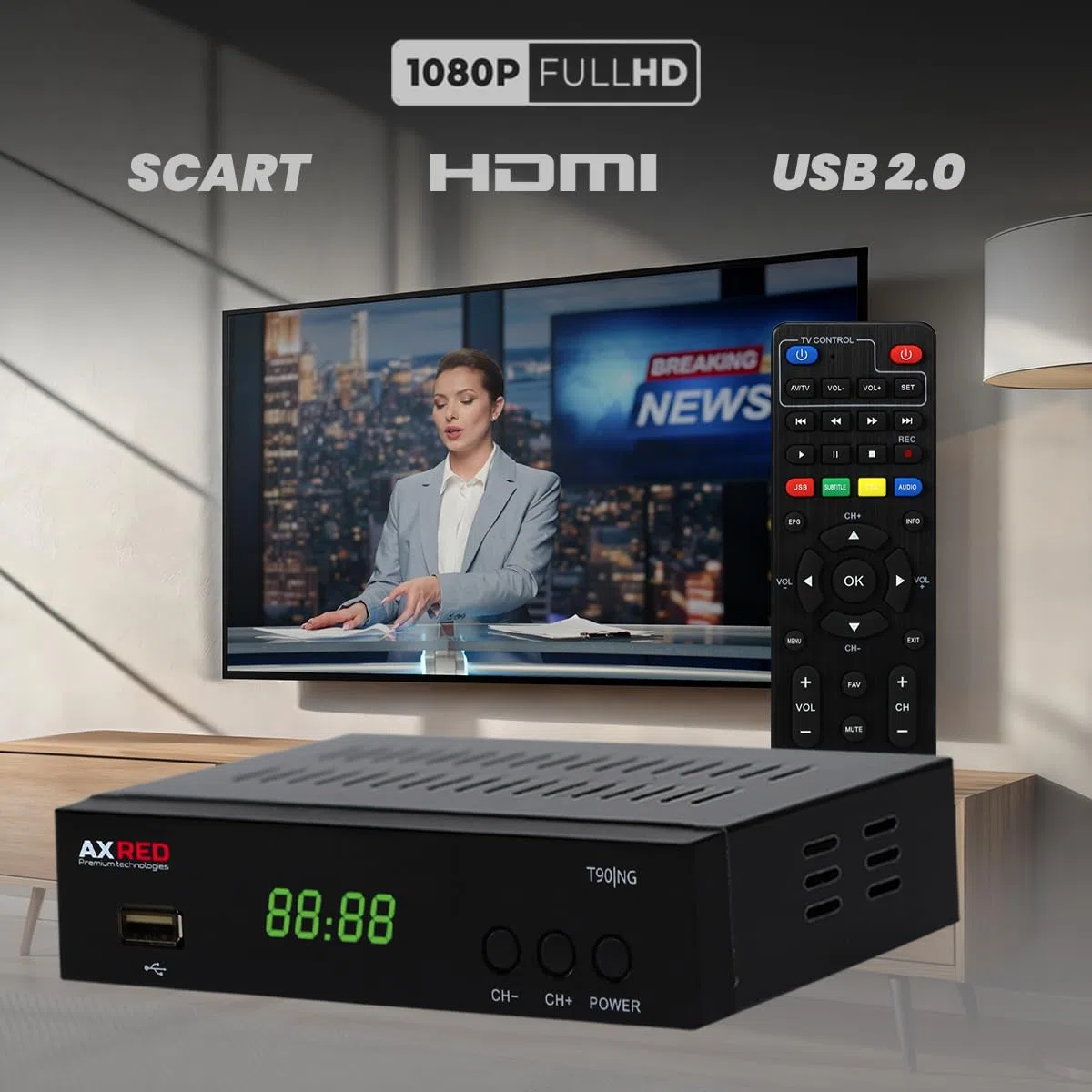AXRED T90 HD DVB-T2 Receiver mit PVR Aufnahmefunktion, DVB-T & DVB-T2 Antennen, HDMI SCART USB