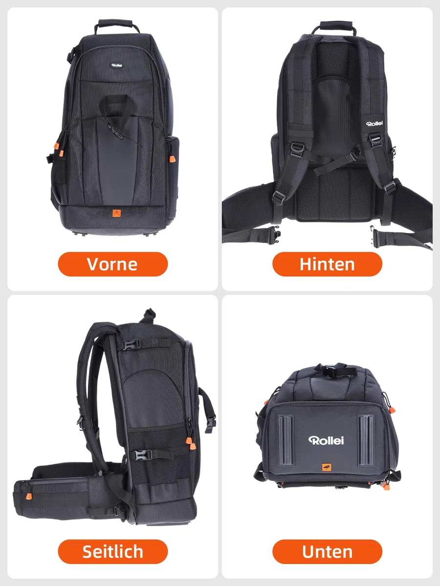 Rollei 20292 Fotoliner Fotorucksack L I großer Kamerarucksack I Daypack I inkl. Laptop-Fach,Regenschutz und Handgepäck tauglichen Maßen I Schwarz