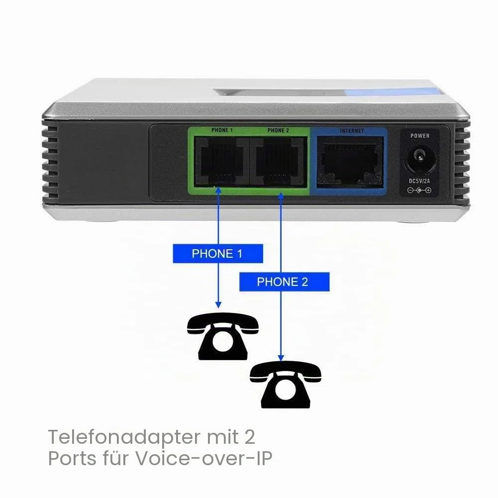 Dpofirs VoIP-Gateway, Netzwerkrouter, 2-Port-Adapter SIP-RJ45-Kabel für PAP2T-Internet-Telefon, Telefonadapter mit 2 Ports für Voice-Over-IP(Silber-)