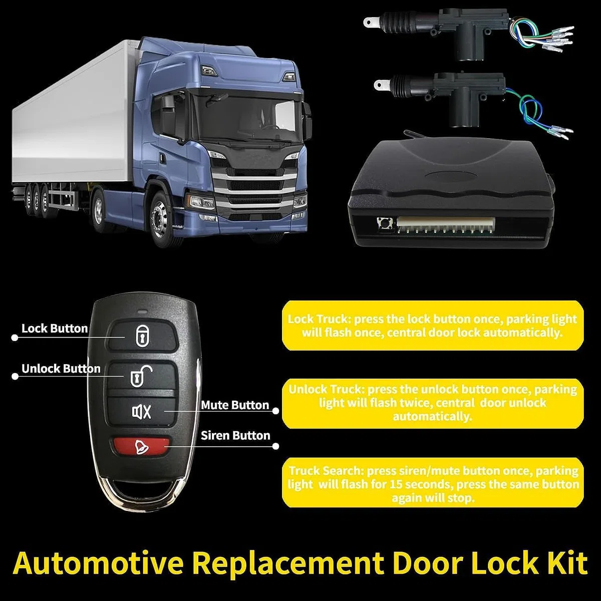 Power Central Locking System 24V DC, Auto Remote Control Vehicle Keyless Entry System for Truck 2 Doors Automotive Replacement Door Lock Kit Motors with Lock, Unlock, Truck Search