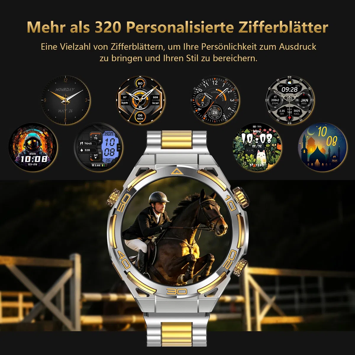 IOWODO Smartwatch Herren Luxus Business mit 14K Gold-Inlay, ChatGPT KI, GPS & Kompass, 1,43" AMOLED, Bluetooth Telefonie, 20 Tage Akku, AI Watch Faces, Gesundheitsmonitor, 100+ Sprotmodi, Silber