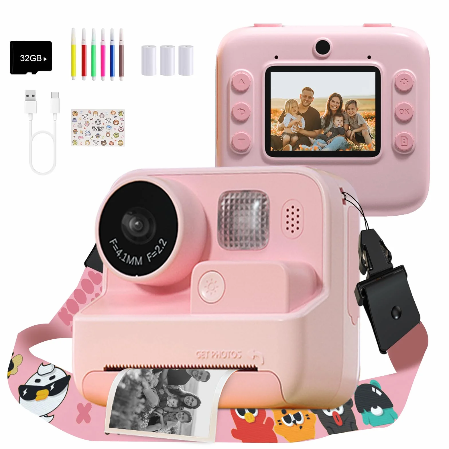 Kinderkamera Sofortbildkamera 1080P 2,0 Zoll Bildschirm mit Druckpapier & 32G TF Karte für 3-12 Jahre