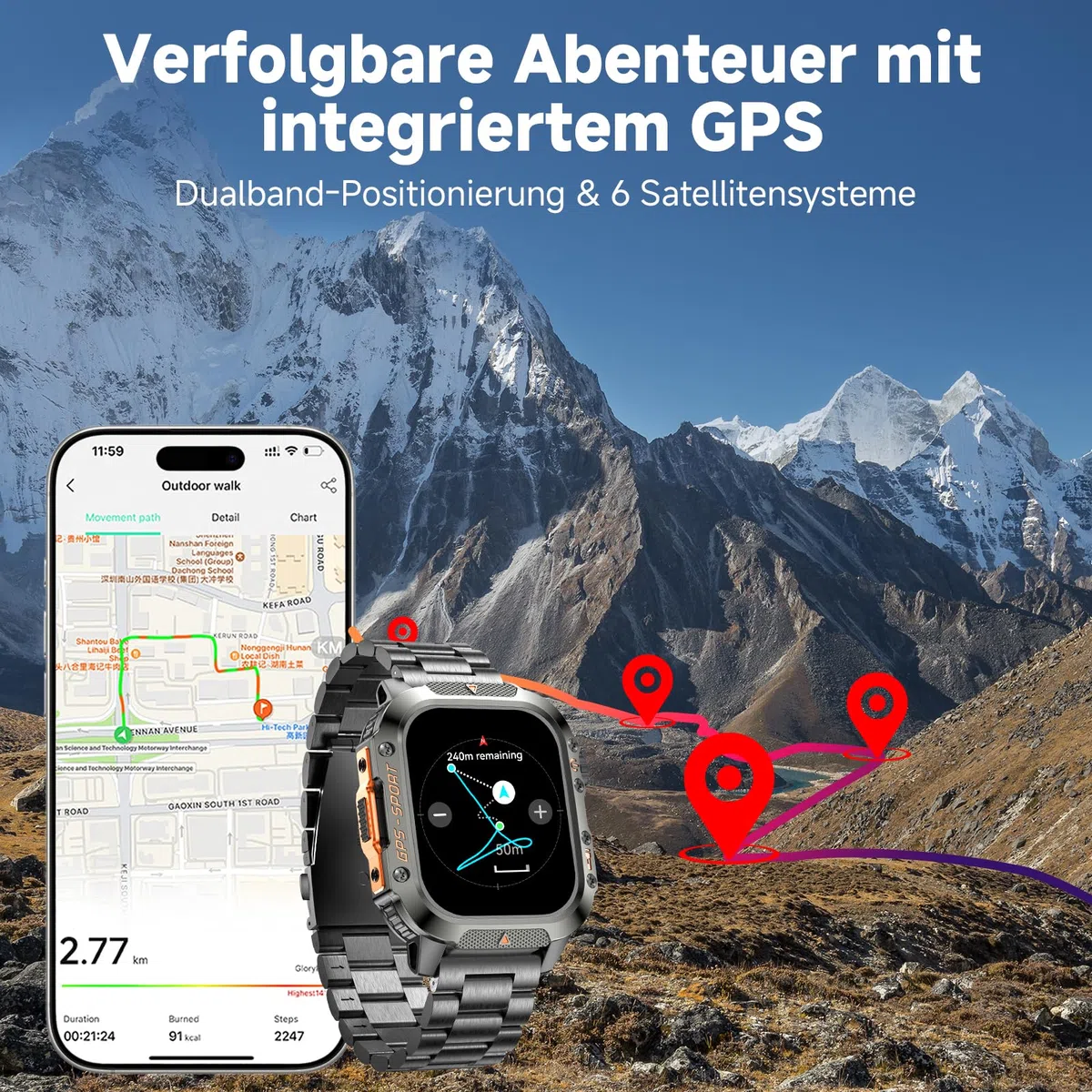 GPS Smartwatch Herren Schwarz Uhr Kompass Luftdruck Telefonfunktion Schlafmonitor Herzfrequenz Schrittzähler Sportuhr Militär Wasserdicht 2,01" Touchscreen 540mAh Akkulaufzeit (2 Uhrbänder)