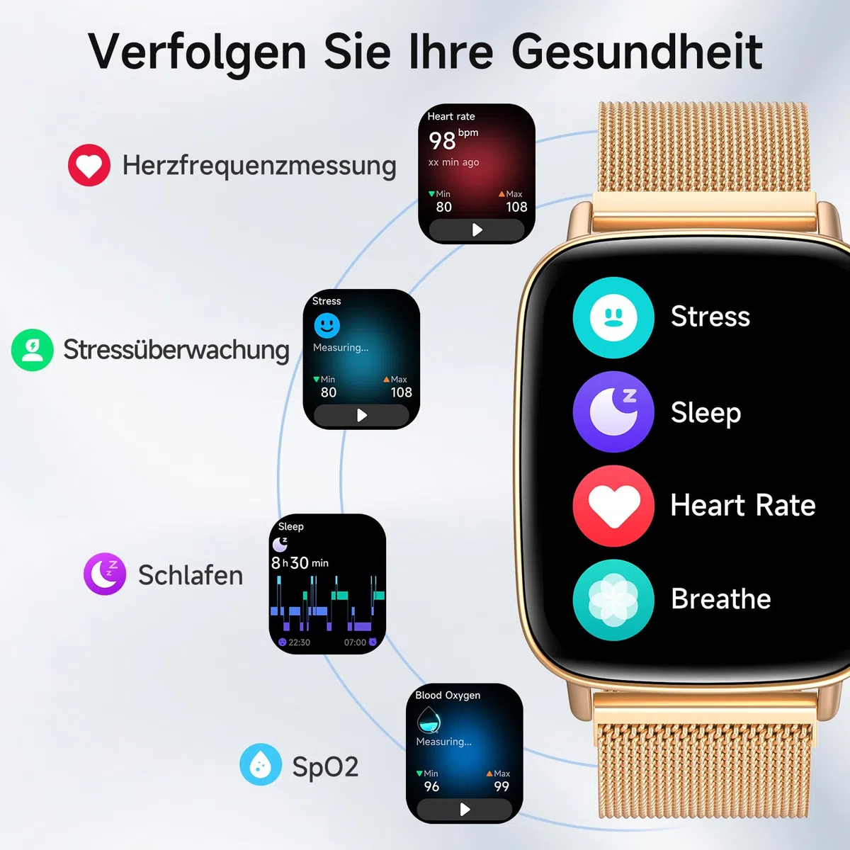 Smartwatch Damen mit Telefonfunktion 1.85" HD Herzfrequenz Schlafmonitor SpO2 Schrittzähler 110+ Sportmodi Fitnessuhr IP68 Wasserdicht Kompatibel iOS Samsung Android