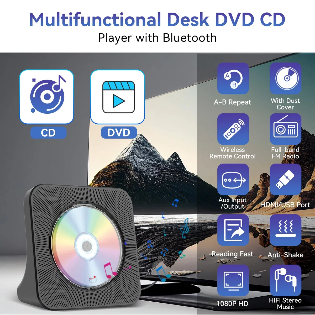 Qoosea DVD Player für TV Desktop DVD/CD Player für Zuhause mit Bluetooth Lautsprechern Display Wecker FM Radio mit CD Player USB Card Playback Inklusive Fernbedienung, HDMI & AV Kabel