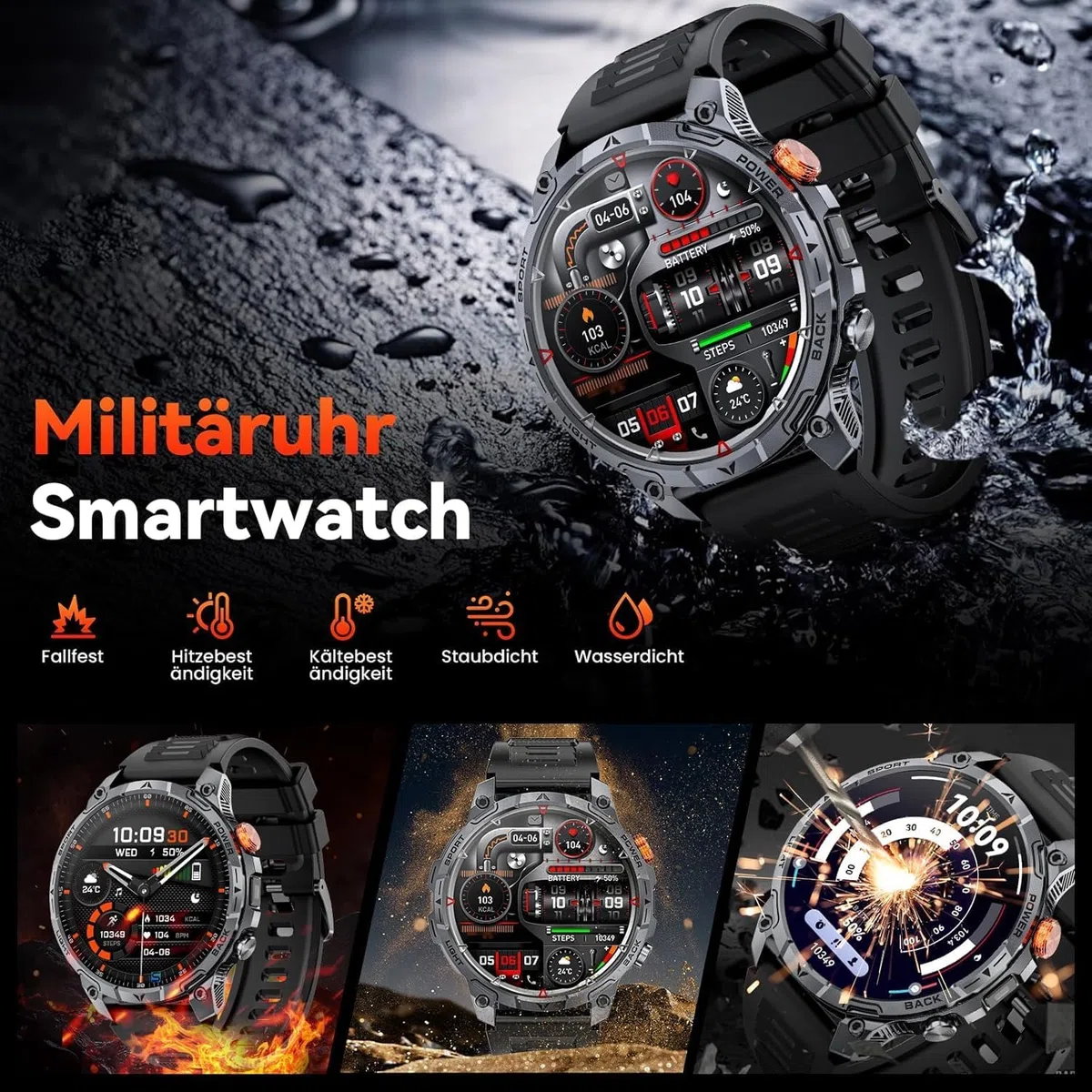 Militär Smartwatch Herren, mit1000-mAh-Akku/1,75" HD Großes Display Sportuhr/110+ Sportmodi Fitnessuhr/LED Taschenlampen/24/7Herzfrequenz/Schlafmonitor/IP68 Wasserdicht für iOS Android