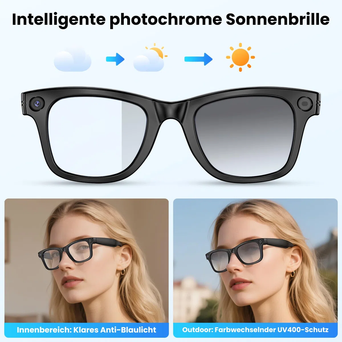 Mingtawn AI Smart Glasses 4K HD-Kamera, 270 mAh, 800 W Anti-Verwacklungs-Kamera-Brille mit Videoaufzeichnung, Dual-Mikrofon, Simultanübersetzung/GPT-Objektidentifizierung (Photochrome Gläser)