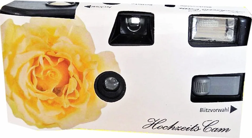 15x 1A PHOTO PORST Hochzeitskamera Pure Leidenschaft Gelbe Rose - 15er Pack Einwegkamera mit Blitz (27 Aufn. 400 ASA)