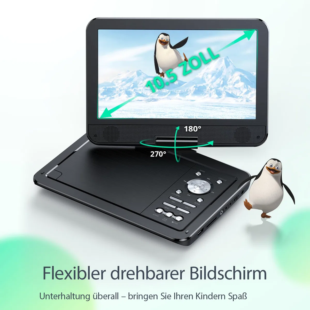 YOTON 12,5-Zoll Tragbarer DVD-Player mit 10,5-Zoll HD-Drehbildschirm, ideal fürs Auto, inkl. Autoladegerät, Netzteil, Akku, unterstützt USB/SD-Karte/TV-Sync [Kein Blu-ray]
