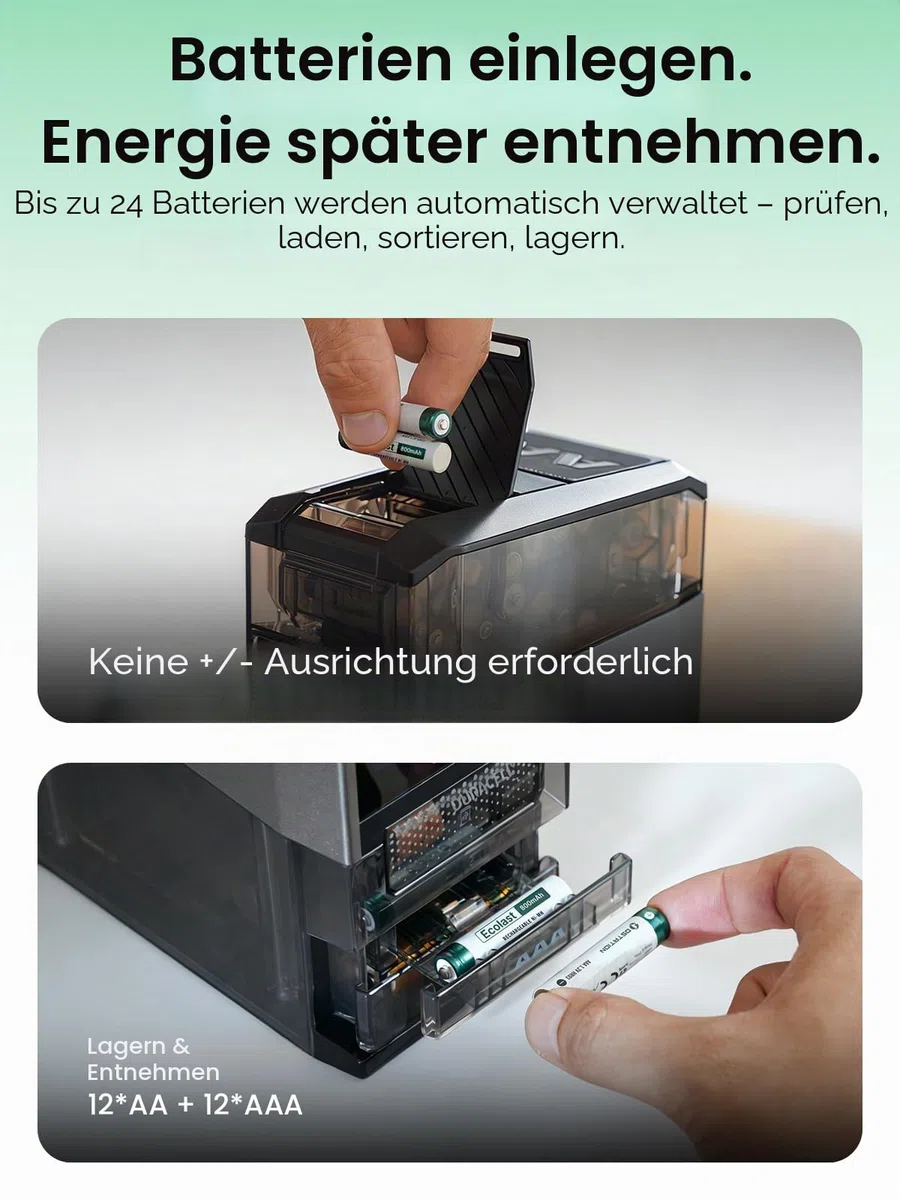 Ostation 2 Pro wiederaufladbare Batterien mit 3-in-1-Ladegerät, keine Polarität erforderlich, App-Fernbedienung, schnelles Aufladen, automatische Erkennung und Speicherung, Ladeanschlüsse für