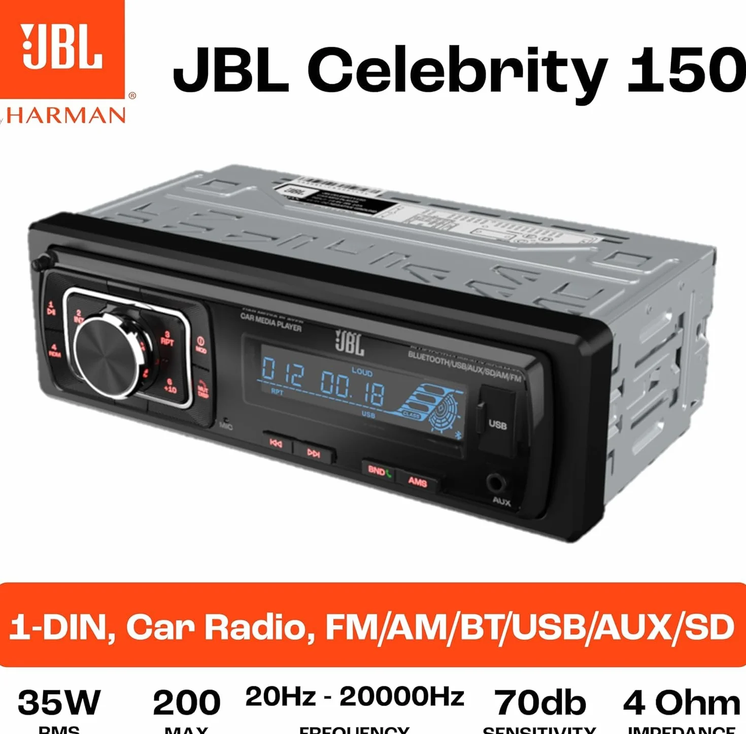 JBL Autoradio Bluetooth Celebrity 150 von Harman Kardon, 1 DIN 4 x 50W AM/FM Radio Mit Bluetooth Streaming und Freisprecheinrichtung für Auto mit Abnehmbares Display, USB, SD, AUX und 2 RCA Ausgänge