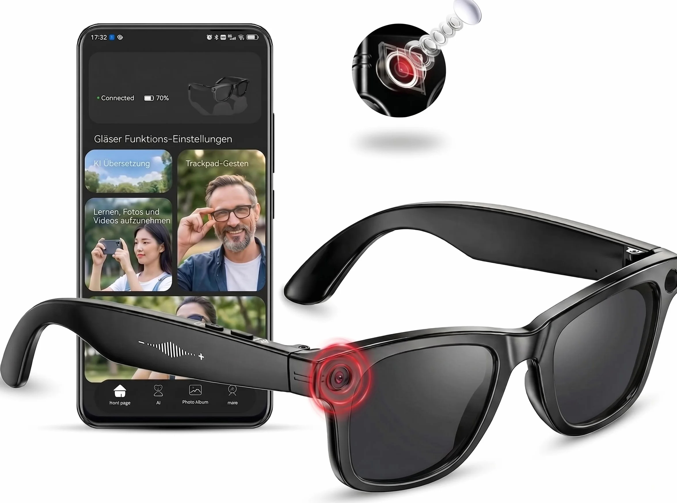 Smart Glasses mit KI & Bluetooth, ChatGPT-Sprachassistent, UV-Schutz, WLAN, Echtzeit-Übersetzung in 89 Sprachen, 2K-Kamera, Open-Ear-Audio, IP65 wasserdicht, Objektidentifizierung, inkl. 2 Gläser