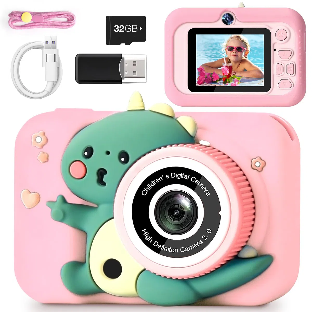 MILFECH 1080P HD 2,0-Zoll-Bildschirm Digitalkamera Kinder mit Selfie Video Kamera 32GB-Karte für 3-12 Jahre Jungen Mädchen Spielzeug Dinosaurier Fotoapparat Rosa