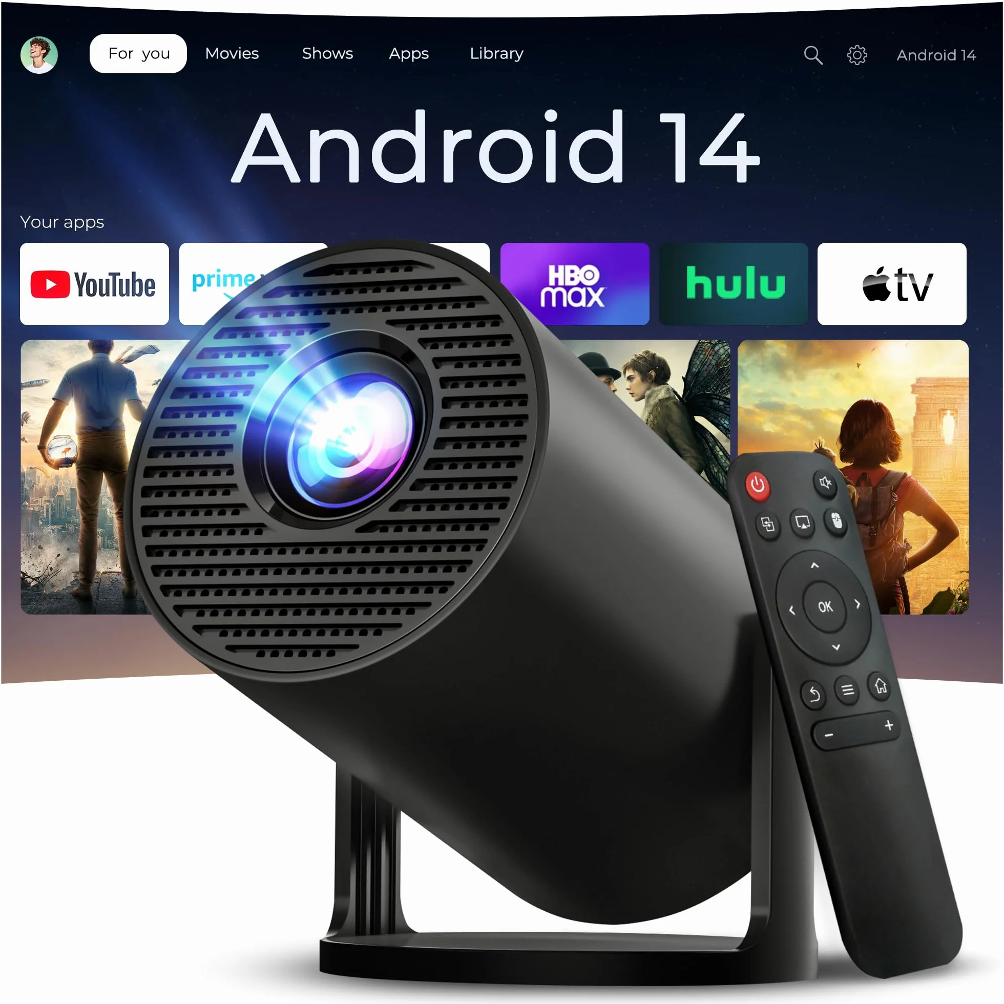 Mini Beamer 4K 1080P unterstützt Klein Projektor mit WiFi 6 Bluetooth 5.4, Auto Keystone Smart Portable Projector, Android 14 mit Apps, Kompatibel mit iOS/HDMI/USB/iPhone LYNCAST OptiBarrel 500schwarz