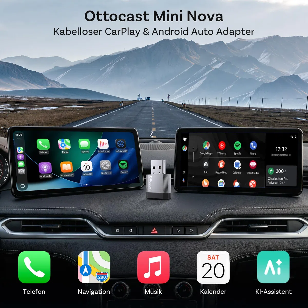 OTTOCAST 2 in 1 Wireless CarPlay und Android Auto Adapter, Mini Nova 2026 Ultra-Kompakter Kabelloser Adapter, Unterstützt ChatGPT Gemini, Plug & Play für kabelgebundene CarPlay/Android Auto Fahrzeuge