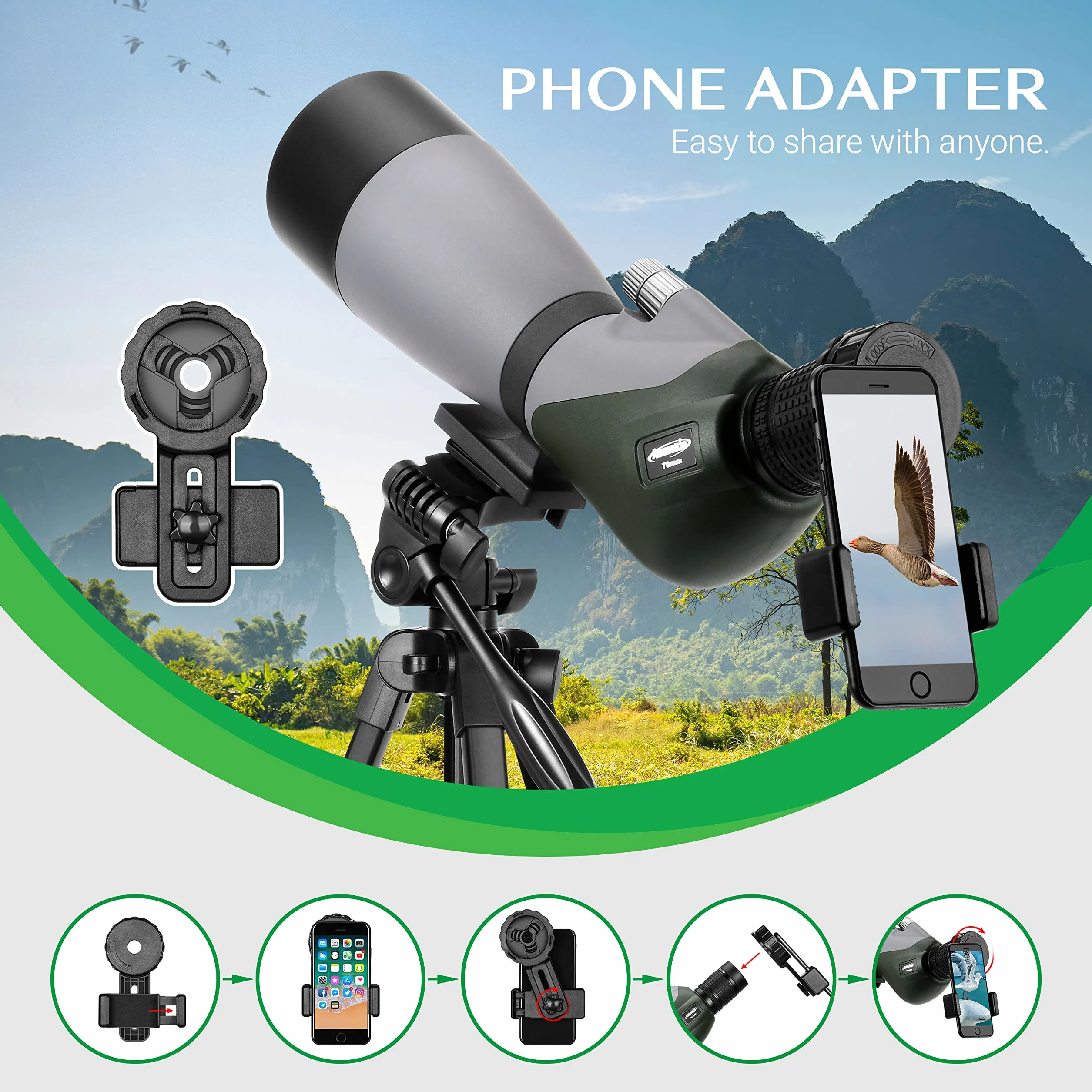 Aomekie 20-60x70MM Spektiv Sportschützen Jagd mit Verstellbarem Stativ Spotter Scope Wasserdicht Telefonadapter und Tragetasche BAK4 Porro Prism Fernrohr Teleskop Monokular Fernglas