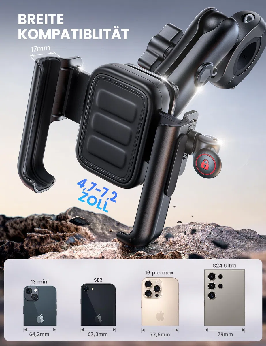 Lamicall Handyhalterung Motorrad, Handyhalter Fahrrad Lenker, Ganzmetall | [Ideal für Video] Vibrationsgedämpfte Handy Halterung Motorrad Halter mit Verlängerungsarm, für iPhone 17, Samsung, 7,2 Zoll