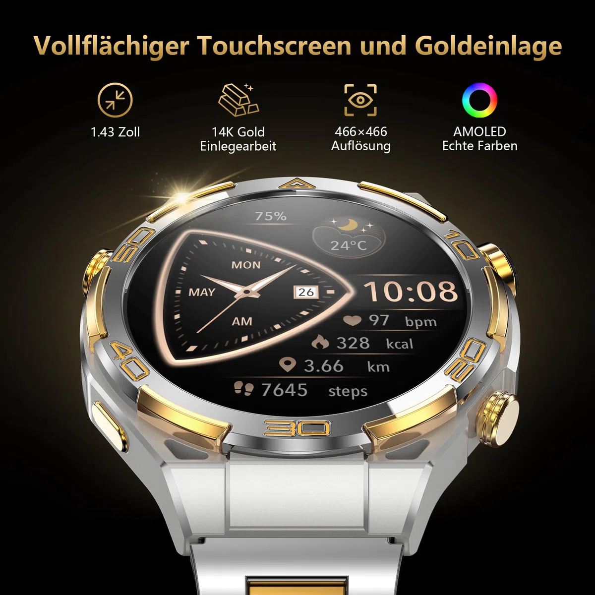 IOWODO Smartwatch Herren Luxus Business mit 14K Gold-Inlay, ChatGPT KI, GPS & Kompass, 1,43" AMOLED, Bluetooth Telefonie, 20 Tage Akku, AI Watch Faces, Gesundheitsmonitor, 100+ Sprotmodi, Silber
