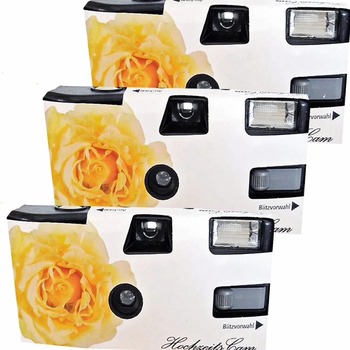 PORST Einwegkamera gelbe Hochzeitsrose mit Blitz 3er Pack 27 Aufnahmen