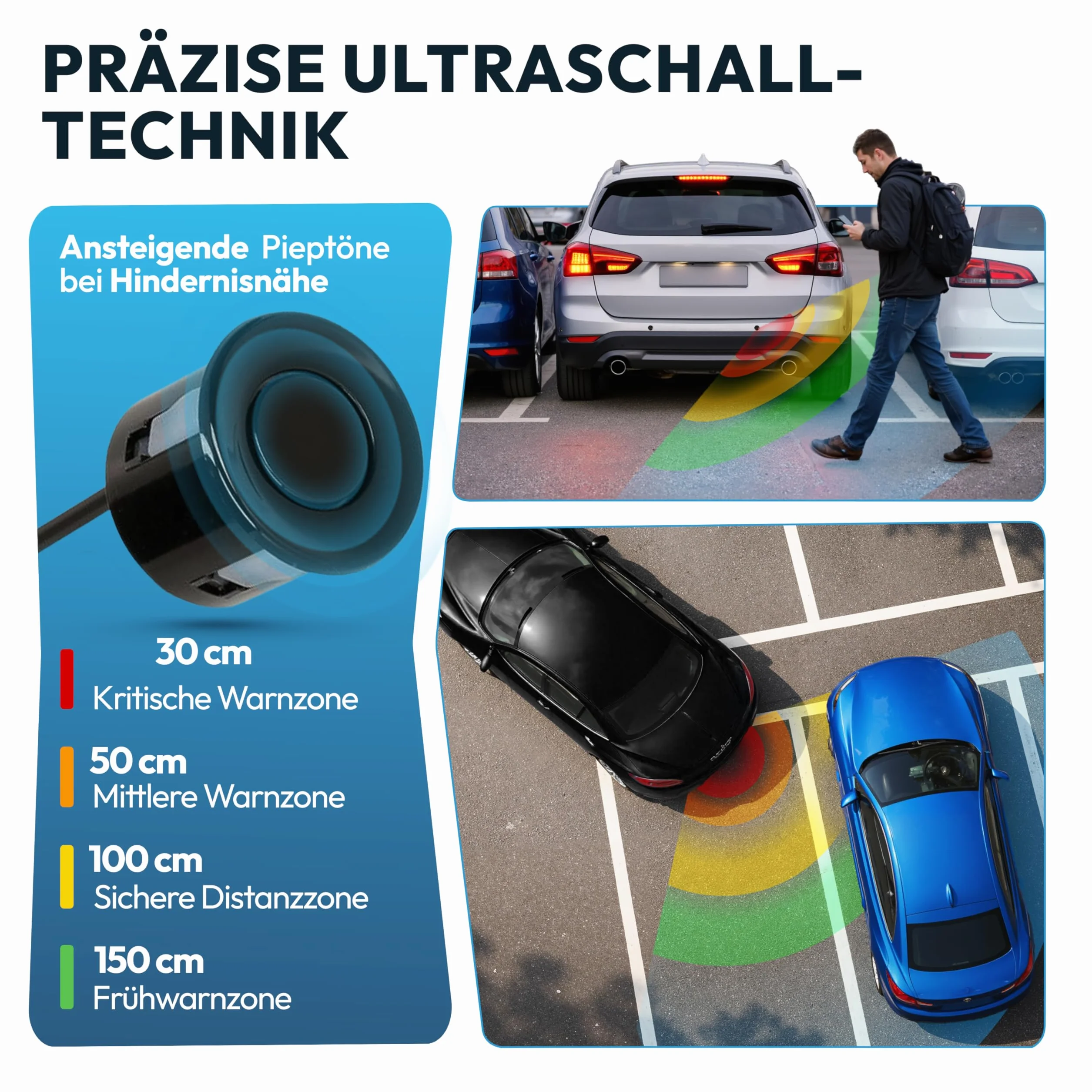 VSG24 Einparkhilfe Set hinten mit 4 Sensoren – robuste PDC Parkhilfe für Auto, SUV & Transporter – akustischer Rückfahrwarner, 30–150 cm Reichweite – 12V Nachrüstsystem