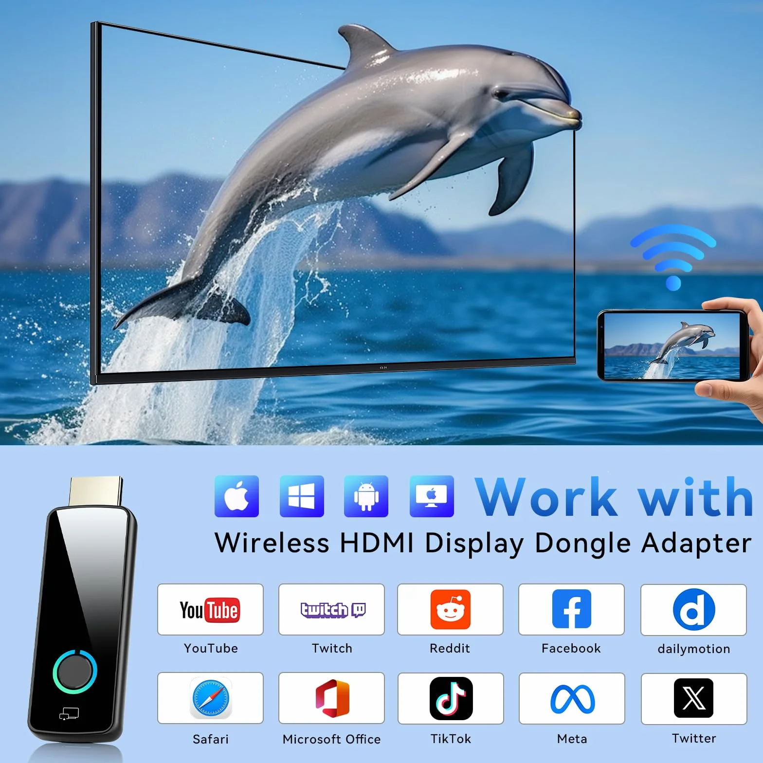 Wireless HDMI Display Dongle Adapter,Miracast Adapter Dongle,HDMI Wireless Extender für Media/Video/Audio- und Datei-Streaming vom Laptop, PC oder Smartphone auf HDTV oder Projektor (W3401)