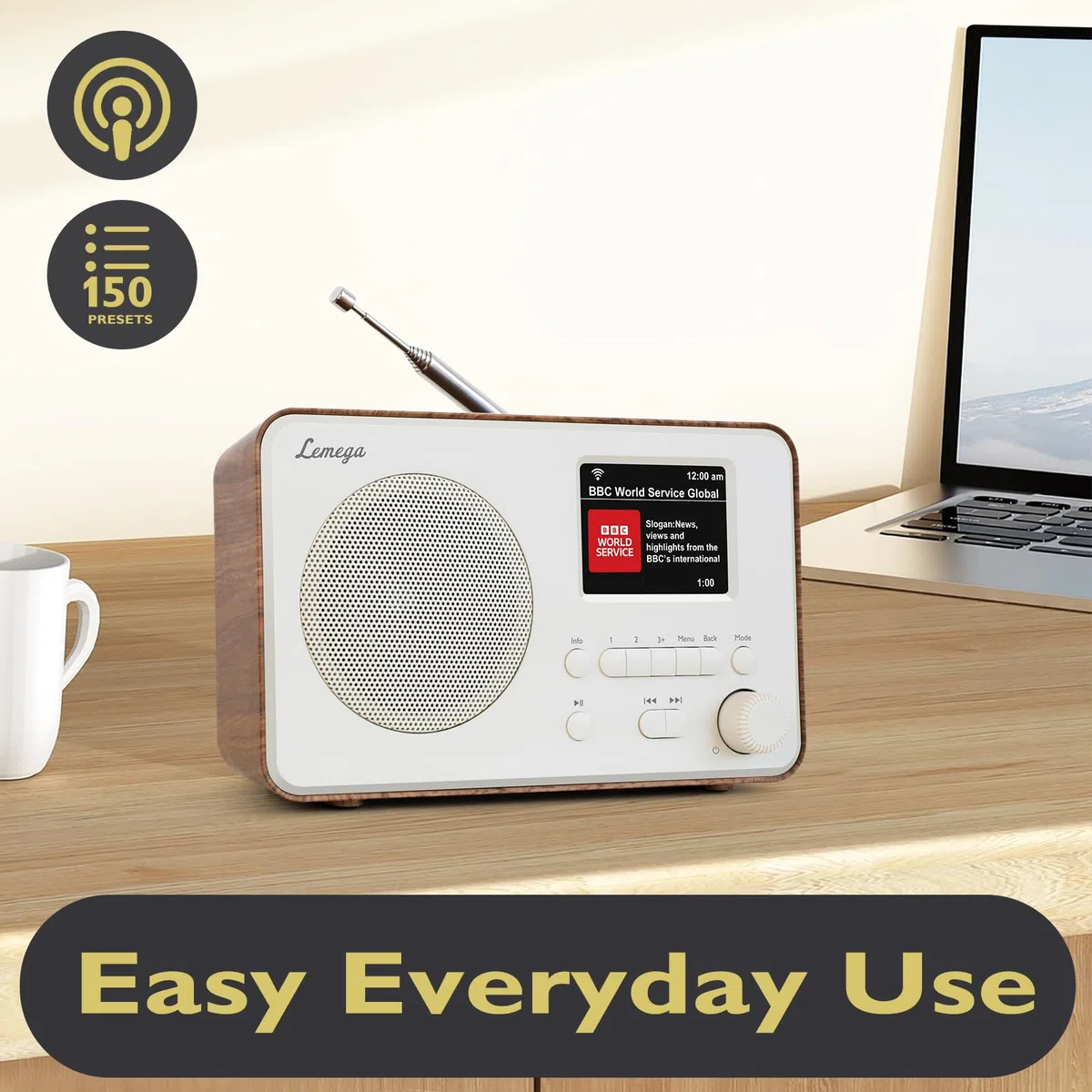 LEMEGA IR1S Internetradio mit Podcast-Funktion & Bluetooth – DAB/DAB+, FM Radio, 150 Senderspeicher, Radiowecker, Kompaktes Küchenradio mit Farbdisplay, Netz- oder Batteriebetrieb, Walnuss