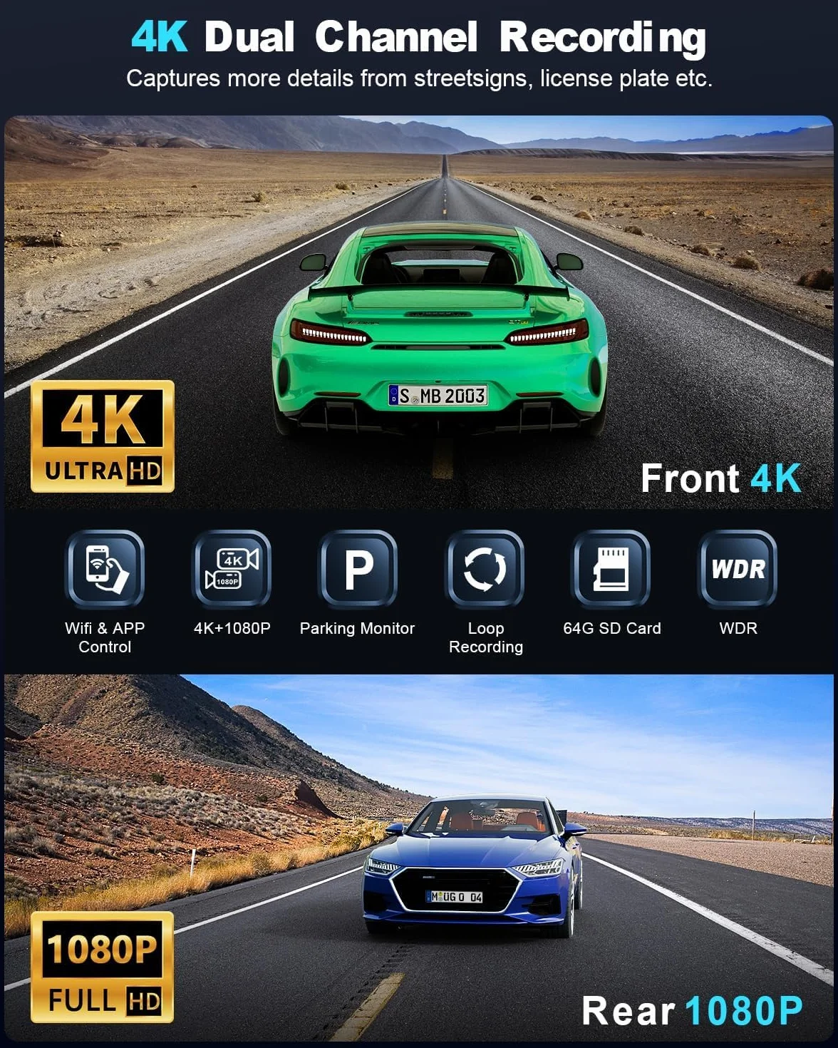 Dashcam Auto Vorne Hinten 4K+1080P,WiFi Dashcam mit Parküberwachung,64G SD Karte,Super Nachtsicht, WDR, 170°+140° Weitwinkel, 1.47“ IPS-Bildschirm,G-Sensor, Loop-Aufnahme, APP Steuerung