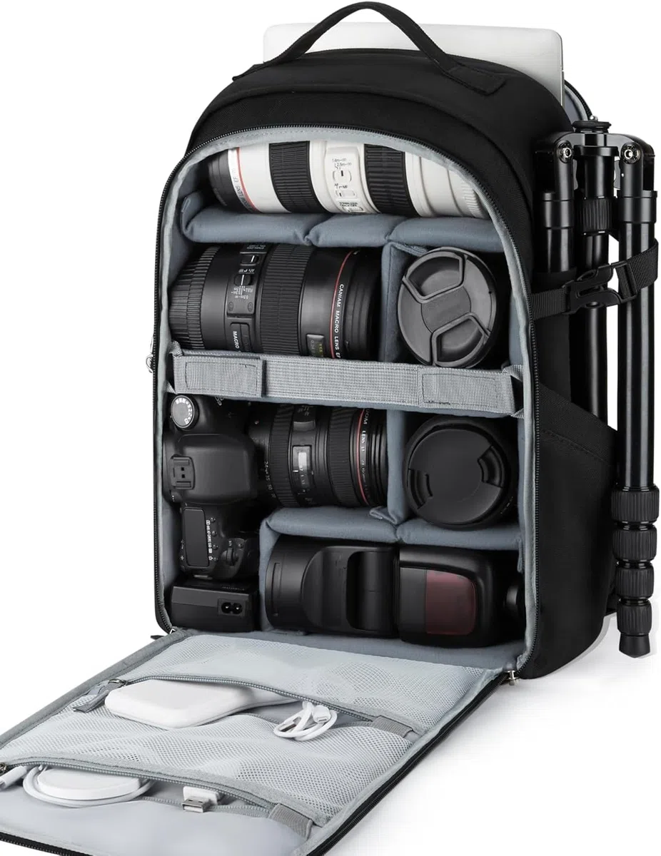 bagsmart Kamerarucksack, DSLR SLR kameratasche Passend für 15,6-Zoll Laptops, Wasserfeste Fotorucksack mit Regenschutz, Stativhalter, Schwarz Groß