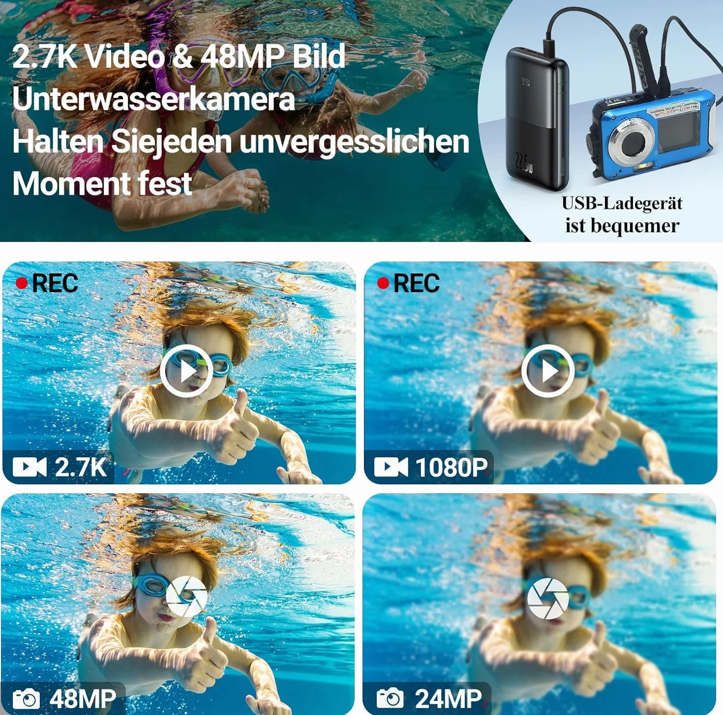 Unterwasserkamera Full HD 2.7K 48MP 10FT Kamera Wasserdicht Dual Screen 16X Digital Zoom Schnorcheln wasserdichte Digitalkamera fü r Selbstauslöser Unterwasser, Schwimmen, Urlaub