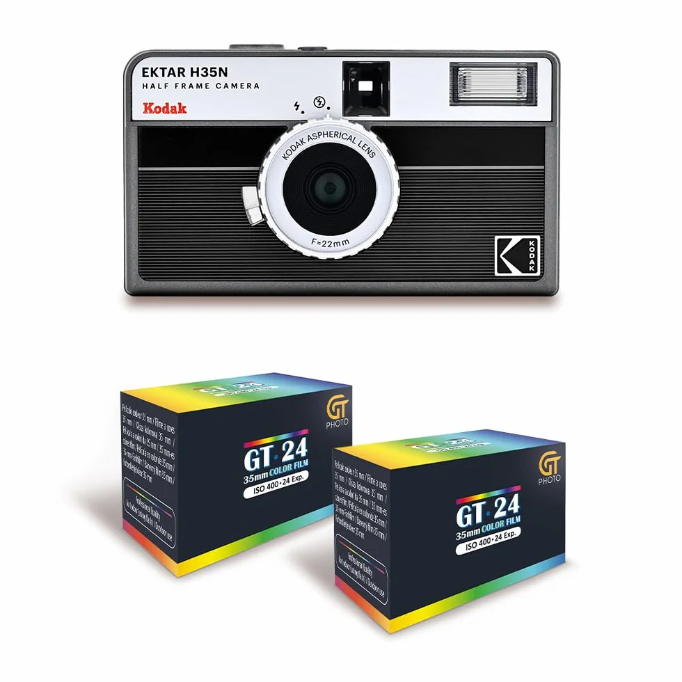 KODAK EKTAR H35N – Filmkamera, halbes Format, 35 mm, wiederverwendbar, ohne Fokus, leicht, einfach zu bedienen – Schwarz gestreift + 2 Filme, 35 mm, Farbe, 24 Belichtungen