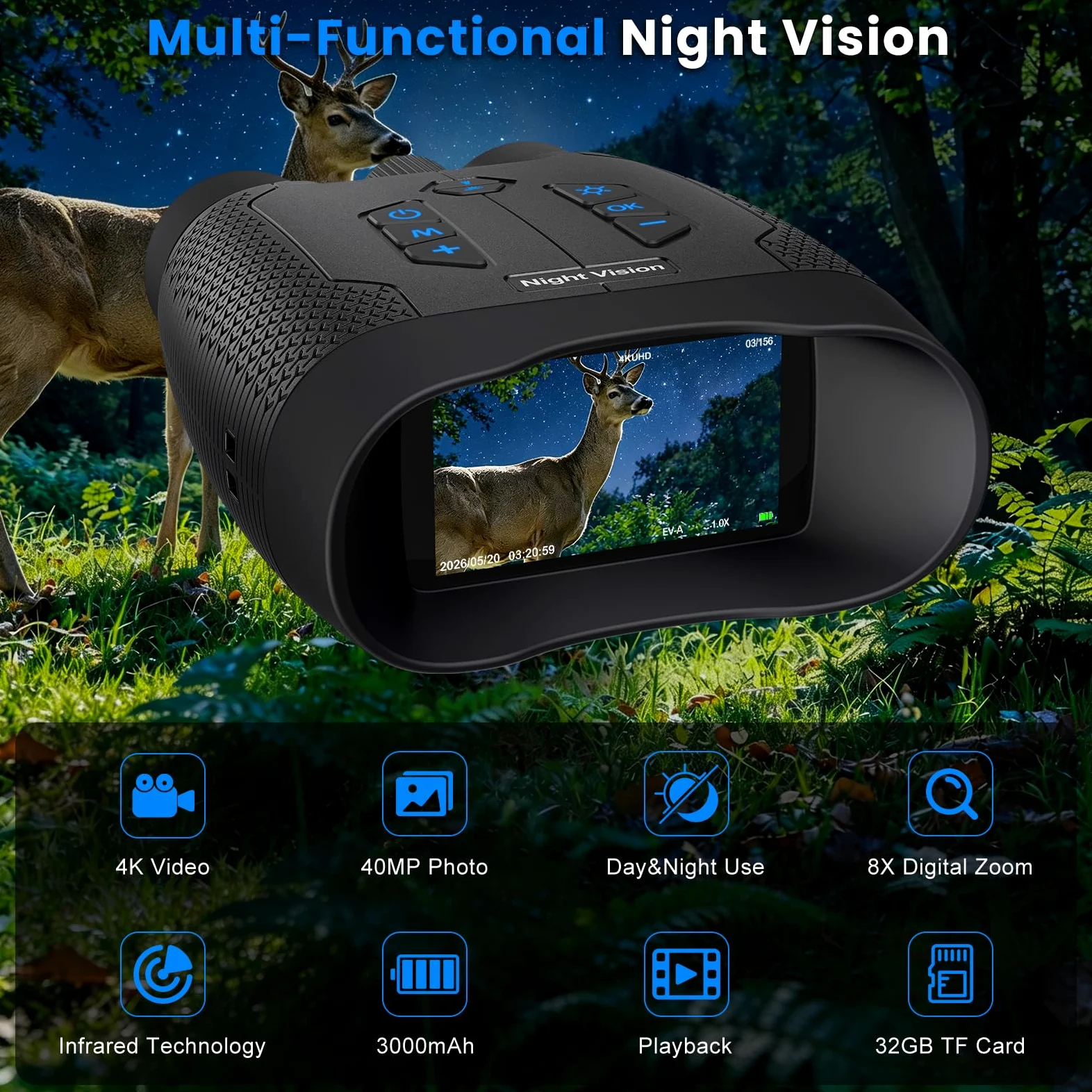 4K Nachtsichtgerät, Digitales Infrarot Nachtsichtgeräte mit 5000mAh Akku, 8X Digitaler Zoom, 500M Reichweite, 3" HD Bildschirm, mit 32 GB Karte, Ausrüstung für Jagd, Camping,Sicherheit und Outdoor | Infrarot-Nachtsicht-Fernglas, 7,6 cm HD, 600 m Sichtbere
