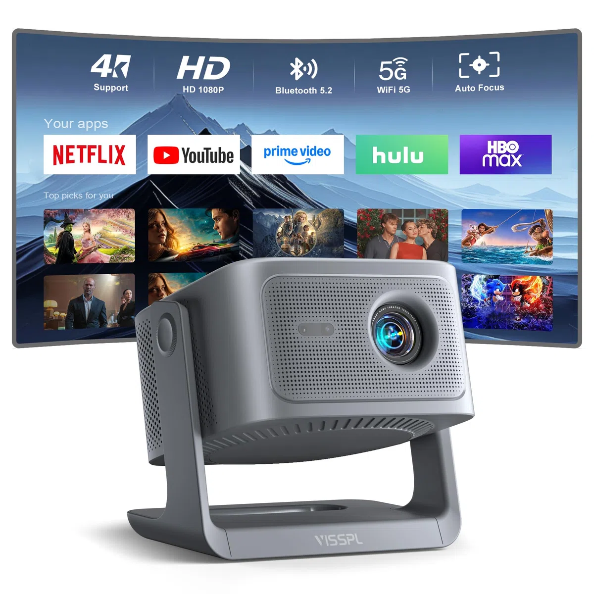 VISSPL Smart Beamer 4K Heimkino Projektor 30000 Lumen 3D Dolby Audio Autofokus WiFi6 Bluetooth 360° Standfuß Grau