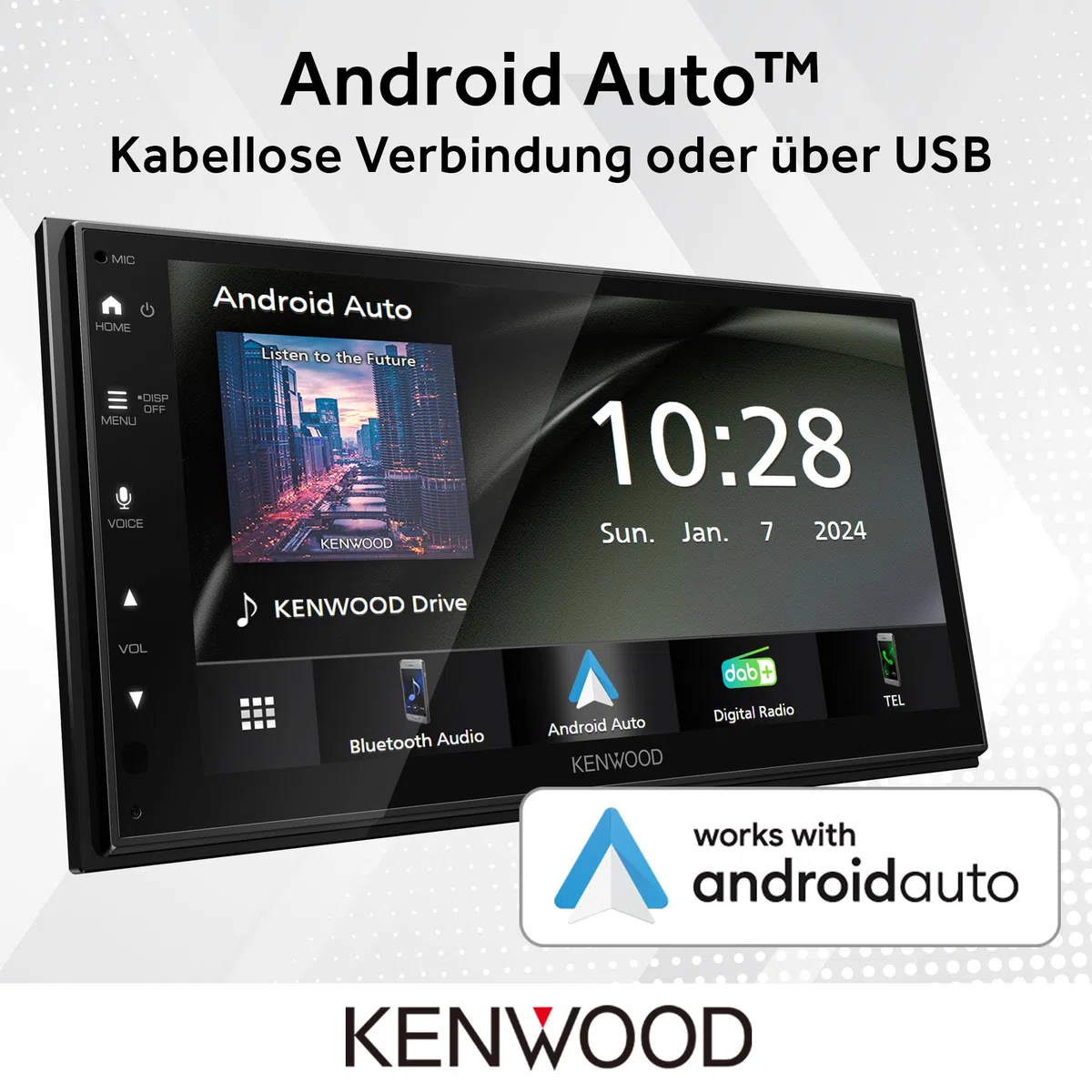 Kenwood DMX6523DABS - 17,3 cm WSVGA Moniceiver mit DAB+/FM, Wireless CarPlay & Android Auto, Apple & Android Wireless-Mirroring, Bluetooth, kapazitivem Touchpanel, DSP, 4 x 50 Watt, 3 x Pre-Out 2,5V