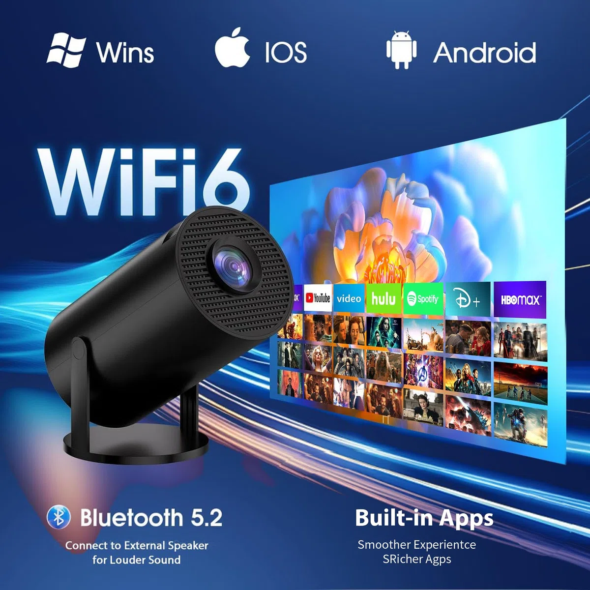 Mini Beamer 4K Full HD 1080P Projektor mit WiFi 6 Bluetooth 5.2 Auto Keystone 180° Drehbar Schwarz