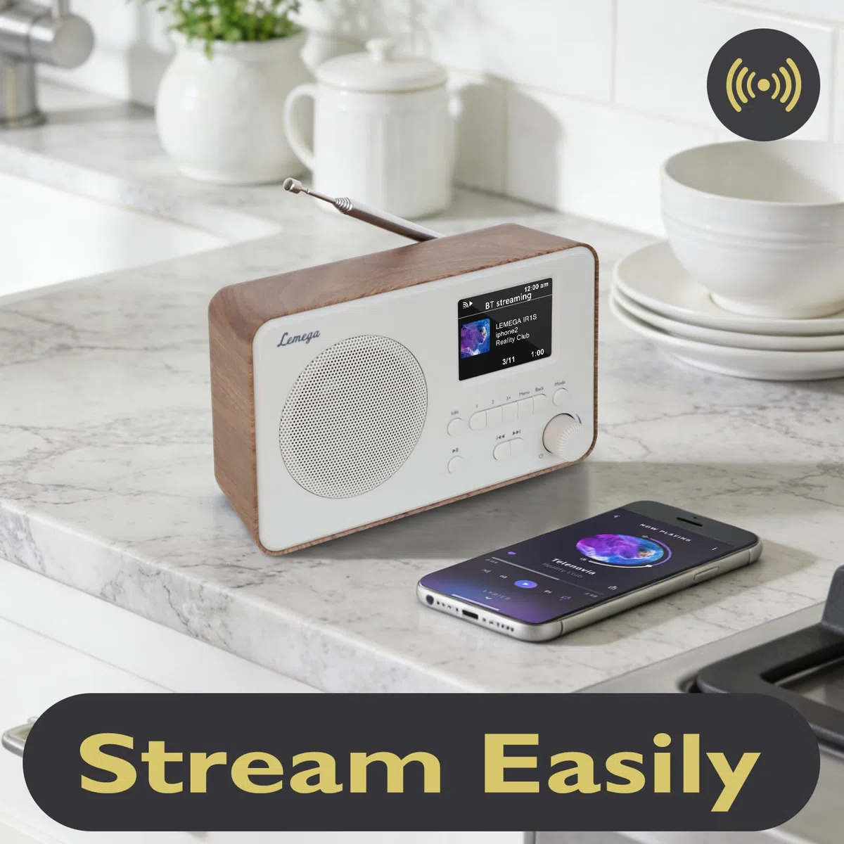 LEMEGA IR1S Internetradio mit Podcast-Funktion & Bluetooth – DAB/DAB+, FM Radio, 150 Senderspeicher, Radiowecker, Kompaktes Küchenradio mit Farbdisplay, Netz- oder Batteriebetrieb, Walnuss