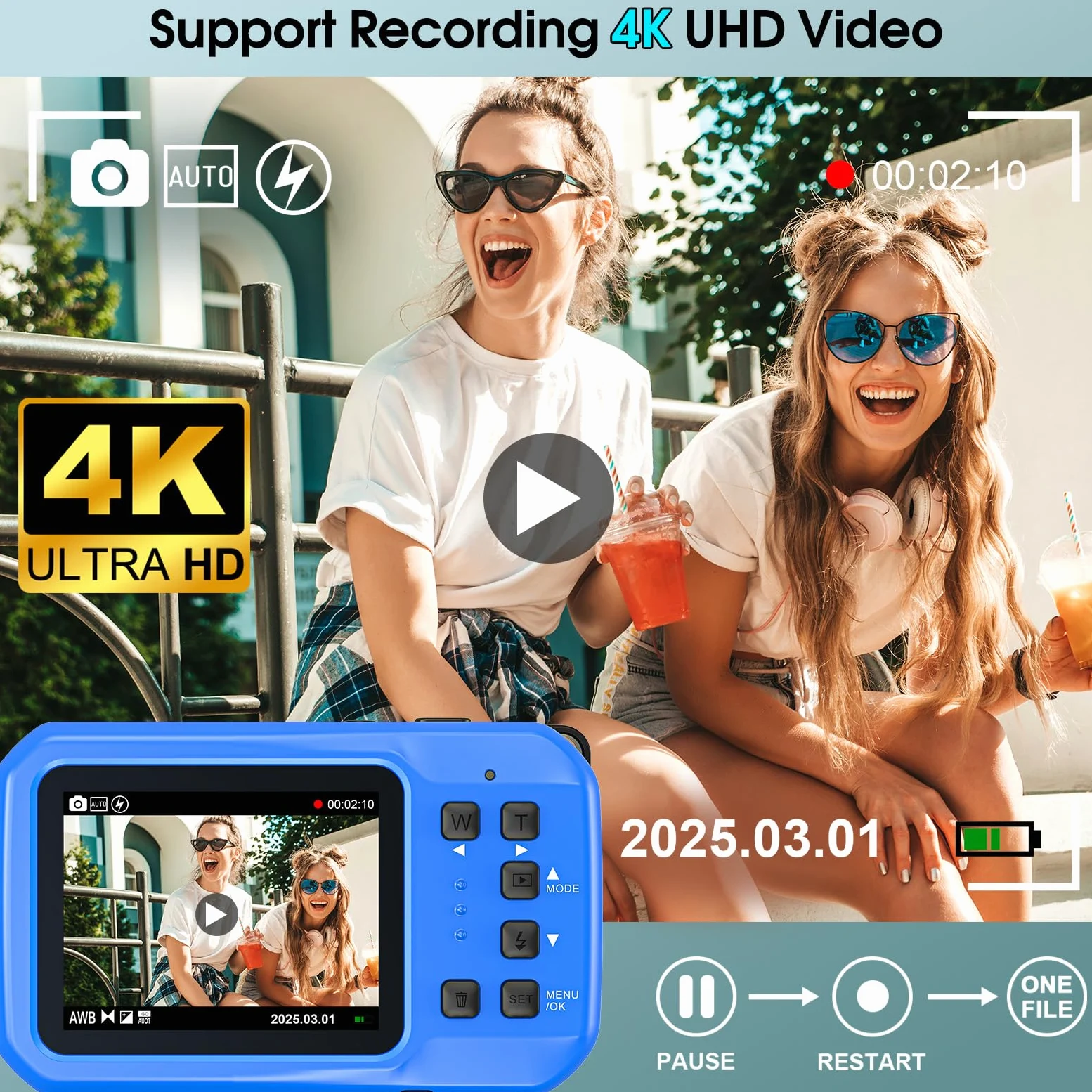 Unterwasserkamera, Yixinxin Digitalkamera wasserdichte 4K 64MP 16FT Autofokus wasserdichte Kamera zum Schnorcheln, IPS HD Bildschirm 16X Digitalzoom und 16GB Karte